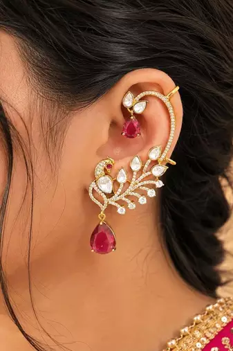 Kundan Peacock Ear Cuff Earrings, Ruby Red Statement Bridal Jewelry