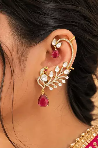 Kundan Peacock Ear Cuff Earrings, Ruby Red Statement Bridal Jewelry