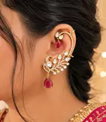 Kundan Peacock Ear Cuff Earrings, Ruby Red Statement Bridal Jewelry