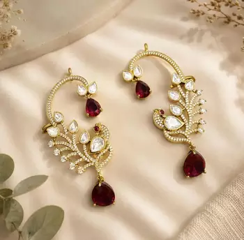 Kundan Peacock Ear Cuff Earrings, Ruby Red Statement Bridal Jewelry 2