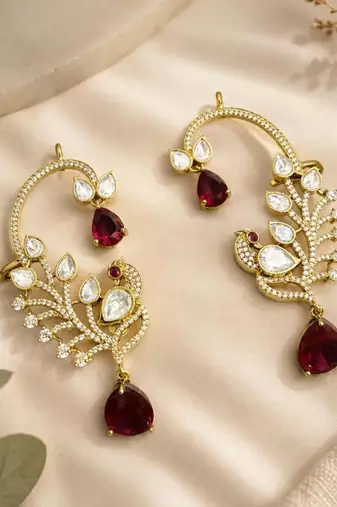 Kundan Peacock Ear Cuff Earrings, Ruby Red Statement Bridal Jewelry