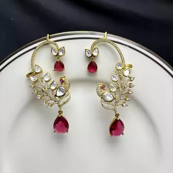Kundan Peacock Ear Cuff Earrings, Ruby Red Statement Bridal Jewelry 3