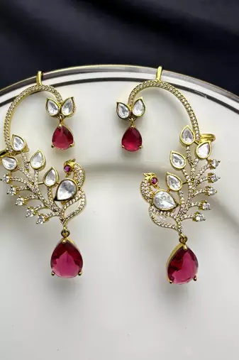 Kundan Peacock Ear Cuff Earrings, Ruby Red Statement Bridal Jewelry