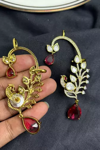 Kundan Peacock Ear Cuff Earrings, Ruby Red Statement Bridal Jewelry