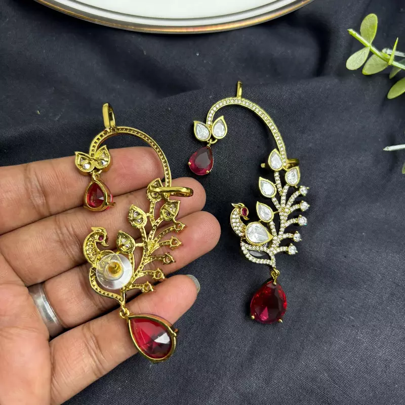 Kundan Peacock Ear Cuff Earrings, Ruby Red Statement Bridal Jewelry