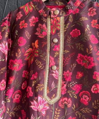 Deep red off white printed cotton silk kurta pajama 5