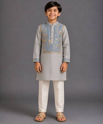 Grey off white embroidered cotton silk kurta pajama 1
