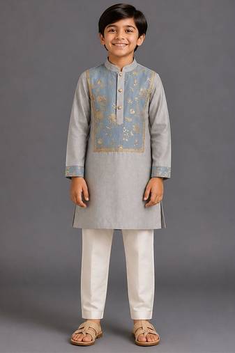 Grey off white embroidered cotton silk kurta pajama