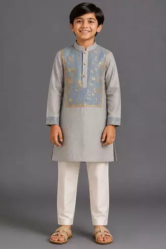 Grey off white embroidered cotton silk kurta pajama