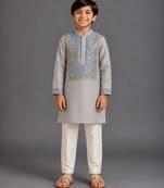 Grey off white embroidered cotton silk kurta pajama