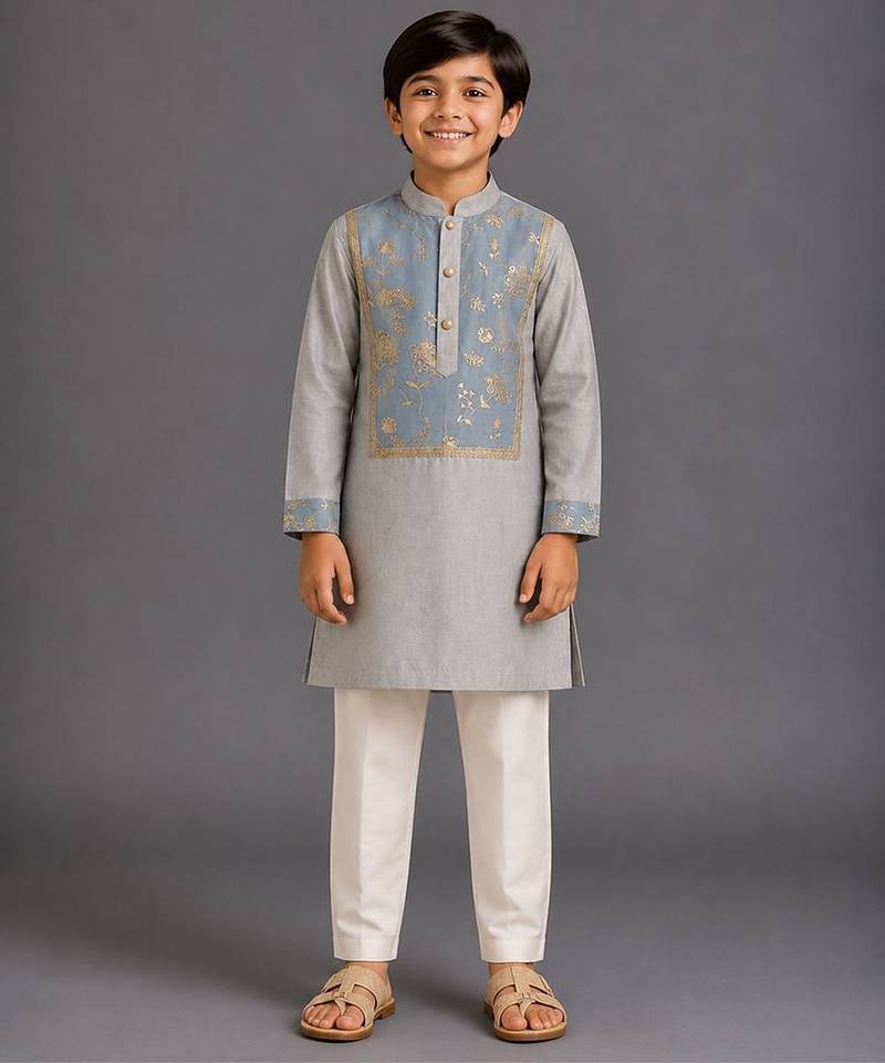 Grey off white embroidered cotton silk kurta pajama
