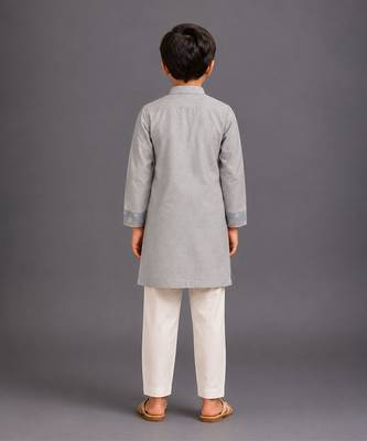 Grey off white embroidered cotton silk kurta pajama 2