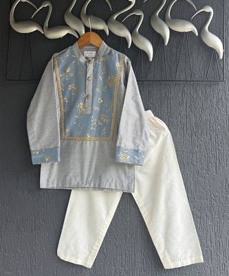 Grey off white embroidered cotton silk kurta pajama 3