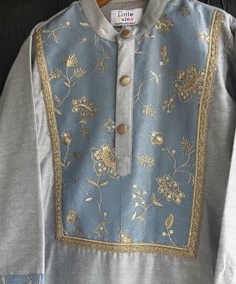 Grey off white embroidered cotton silk kurta pajama 5