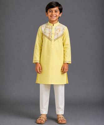 Yellow off white embroidered cotton silk kurta pajama 1