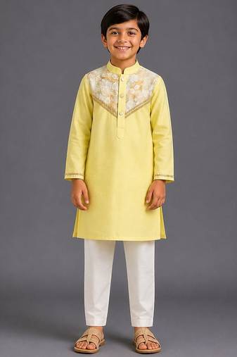 Yellow off white embroidered cotton silk kurta pajama