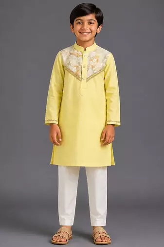 Yellow off white embroidered cotton silk kurta pajama