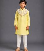 Yellow off white embroidered cotton silk kurta pajama