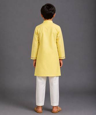 Yellow off white embroidered cotton silk kurta pajama 2