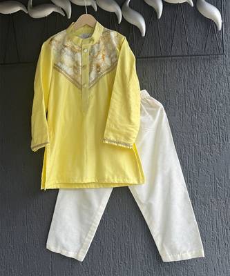 Yellow off white embroidered cotton silk kurta pajama 3