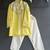 Yellow off white embroidered cotton silk kurta pajama