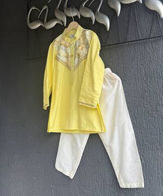 Yellow off white embroidered cotton silk kurta pajama 4