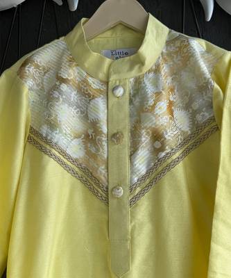 Yellow off white embroidered cotton silk kurta pajama 5