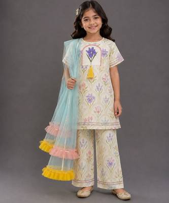 White multicolor printed cotton silk kurti set 1