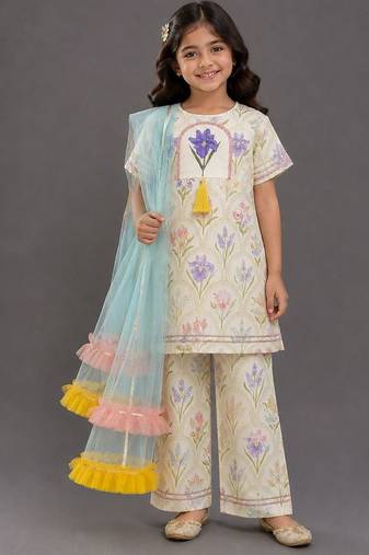 White multicolor printed cotton silk kurti set