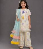 White multicolor printed cotton silk kurti set