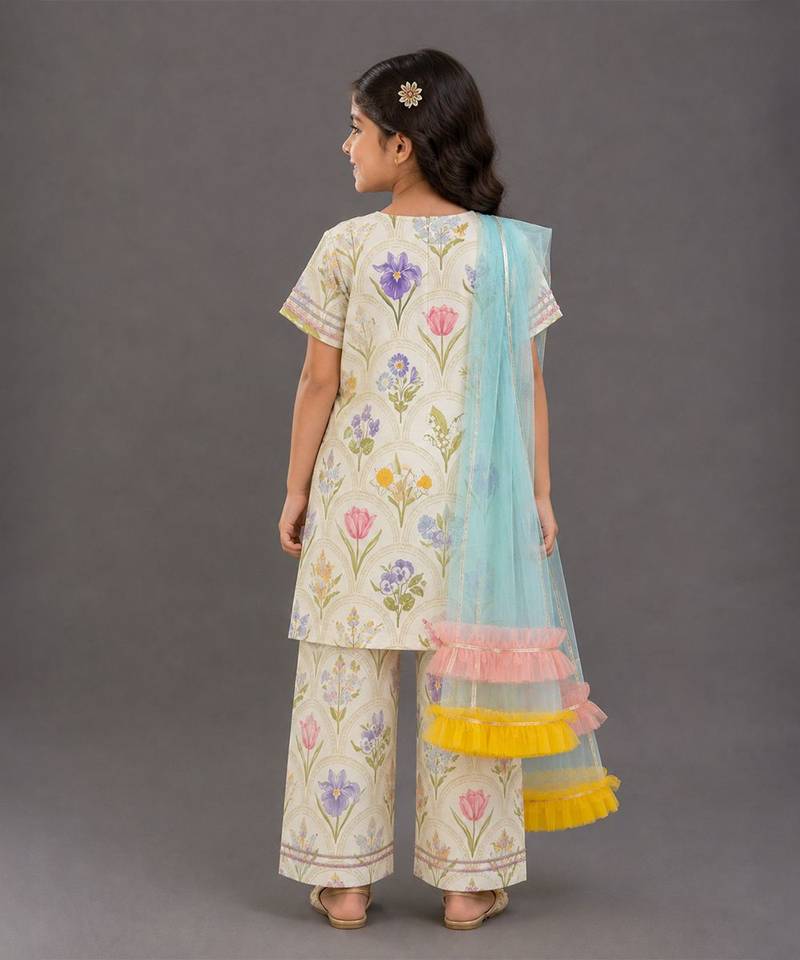 White multicolor printed cotton silk kurti set