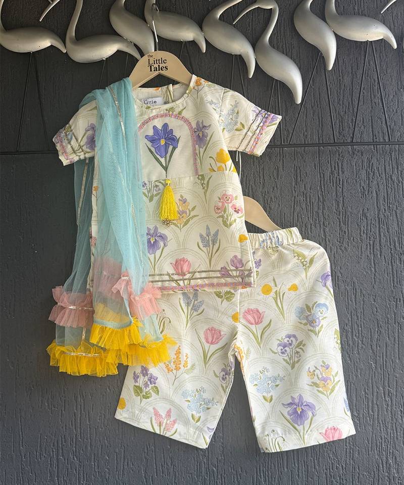 White multicolor printed cotton silk kurti set