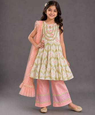 White and peach printed cotton silk kurti set 1