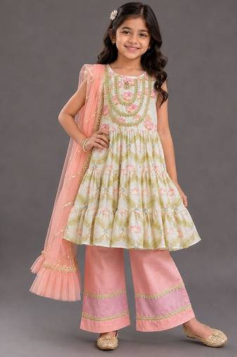 White and peach printed cotton silk kurti set