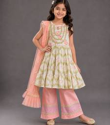 White and peach printed cotton silk kurti set