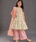 White and peach printed cotton silk kurti set