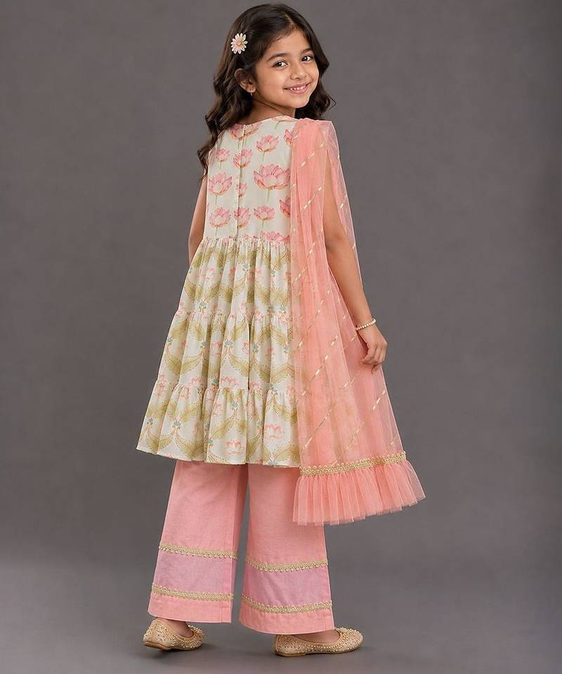White and peach printed cotton silk kurti set