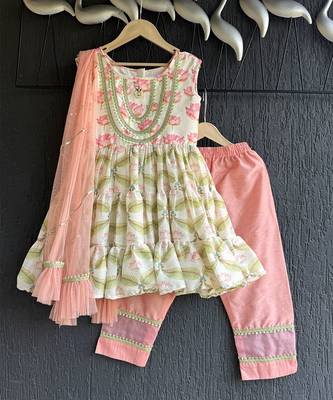 White and peach printed cotton silk kurti set 3