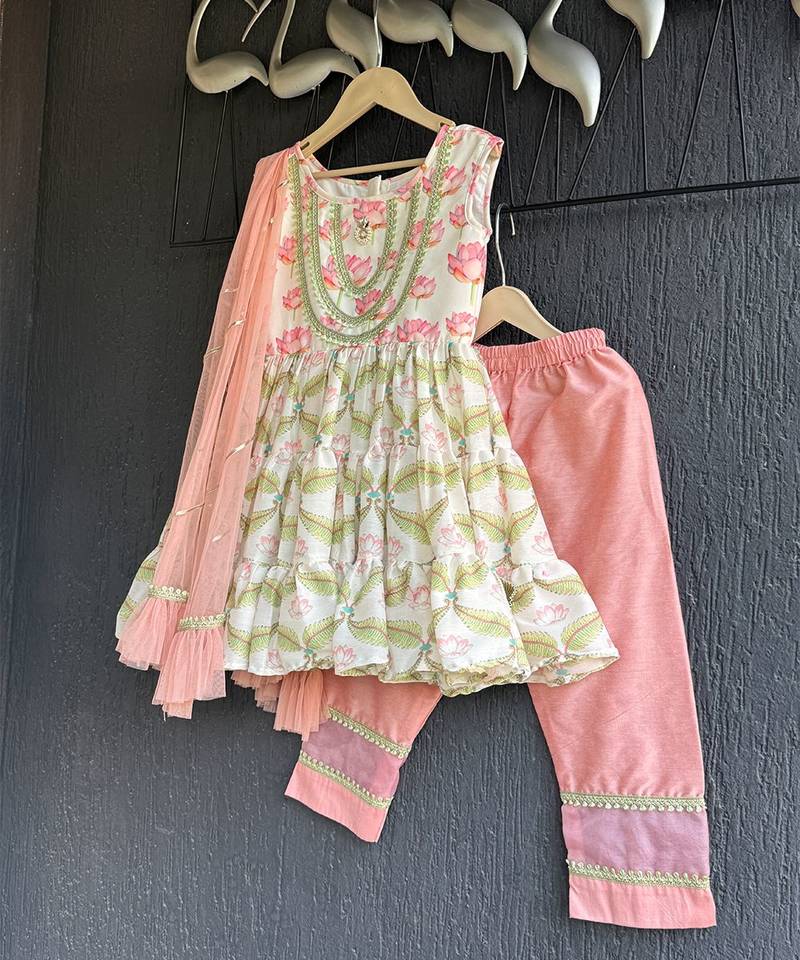 White and peach printed cotton silk kurti set