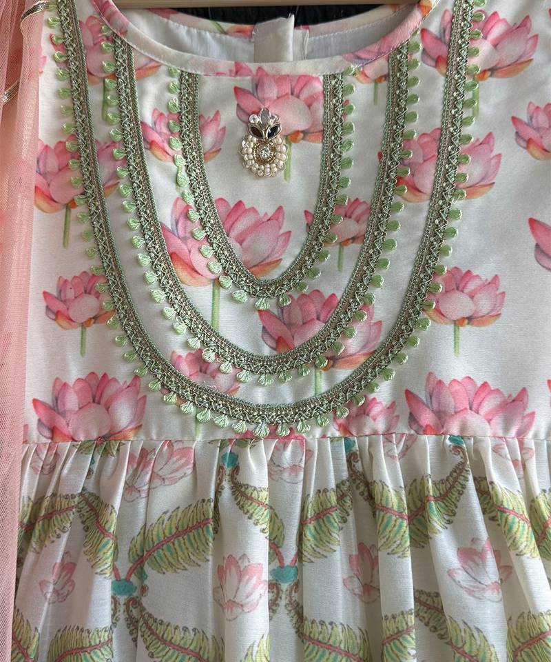 White and peach printed cotton silk kurti set