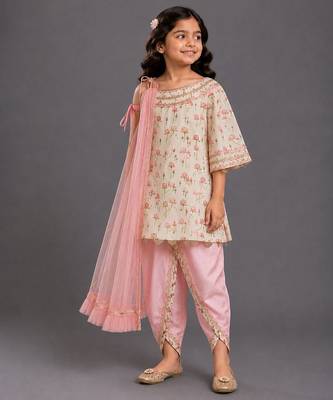 White and baby pink printed cotton silk dhoti kurta set 1
