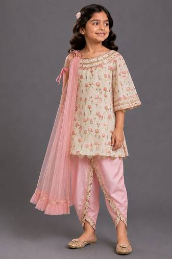 White and baby pink printed cotton silk dhoti kurta set