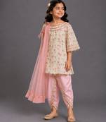 White and baby pink printed cotton silk dhoti kurta set