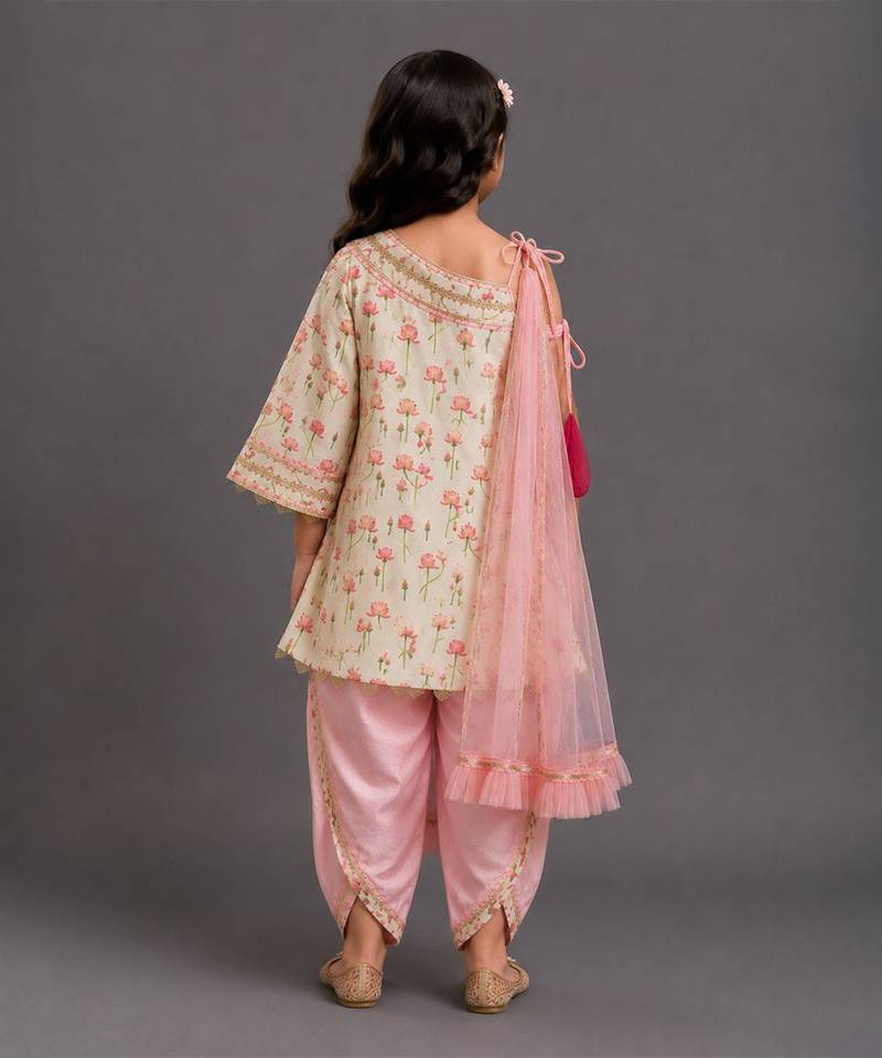 White and baby pink printed cotton silk dhoti kurta set