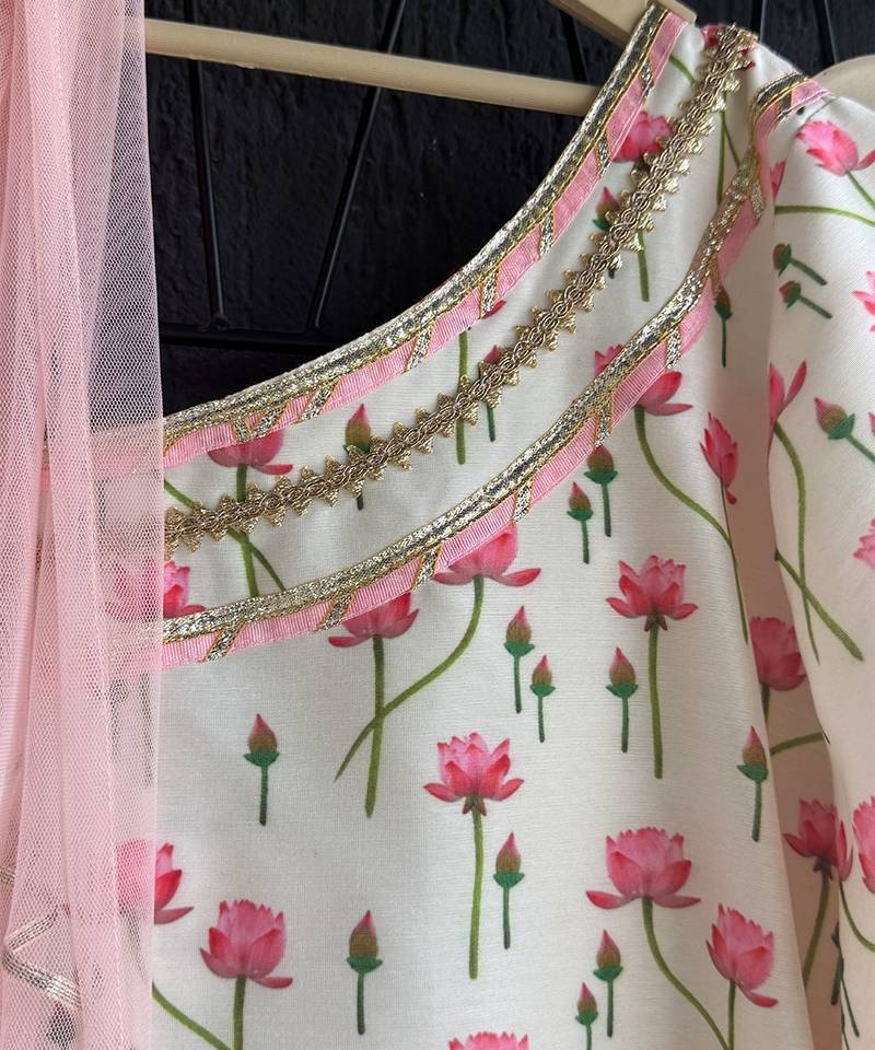 White and baby pink printed cotton silk dhoti kurta set
