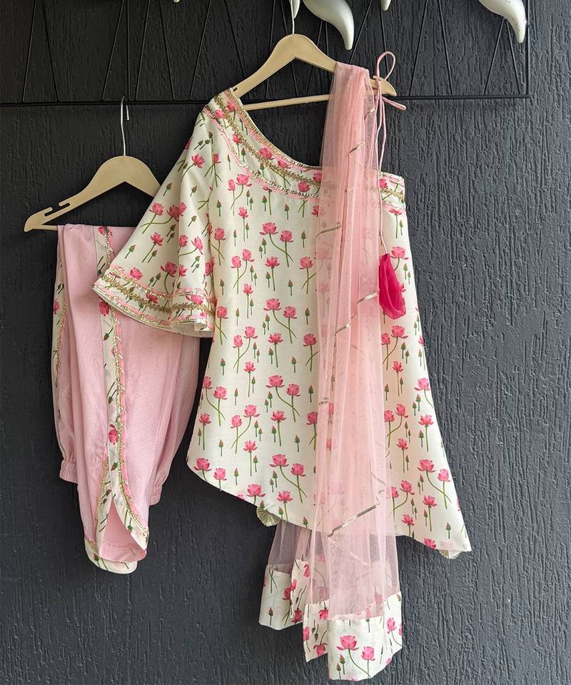 White and baby pink printed cotton silk dhoti kurta set
