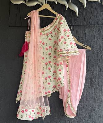 White and baby pink printed cotton silk dhoti kurta set 5