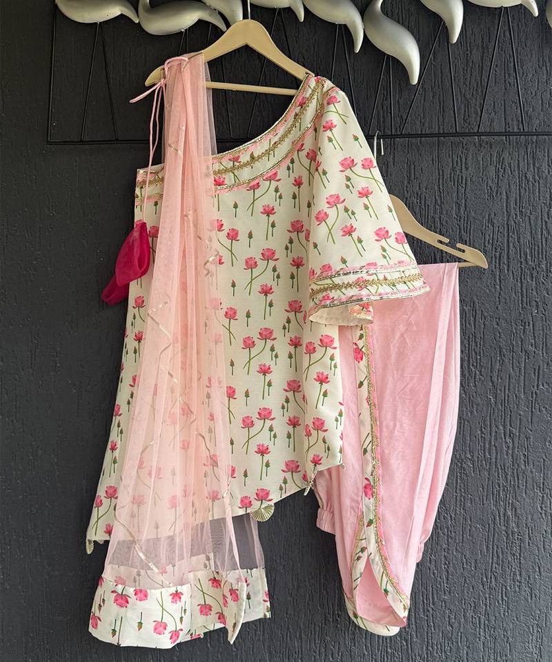 White and baby pink printed cotton silk dhoti kurta set