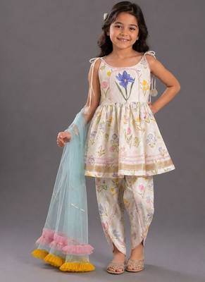 White printed cotton silk dhoti kurta set 1