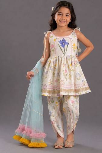White printed cotton silk dhoti kurta set